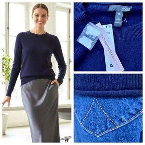 AQUA Cashmere Sweater Navy Blue Crew Neck Classic Knit Size Small NWT MSRP 198